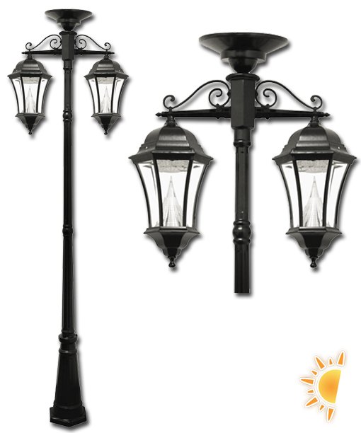Victorian Post Lamp with 2 Downward Hanging Solar Lanterns